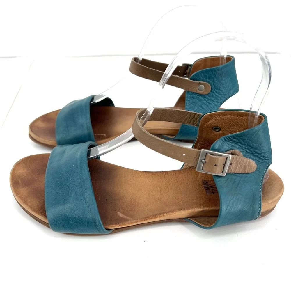 Miz Mooz Alanis Teal Blue Leather Ankle Strap‎ Flat Sandals Womens 8